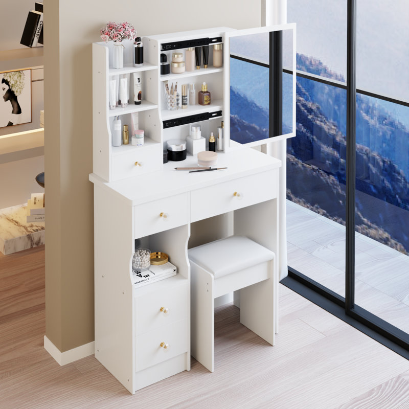 29.2" Vanity Table With Mirror And Storage For Small Space, White
