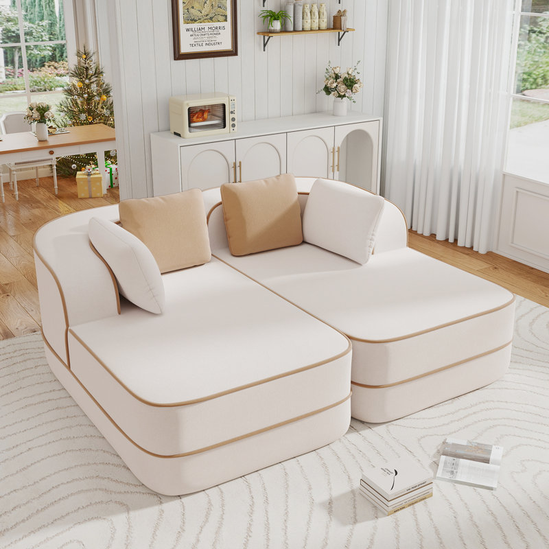 Chaise longue 77 pouces en tissu Teddy, Crème, crème
