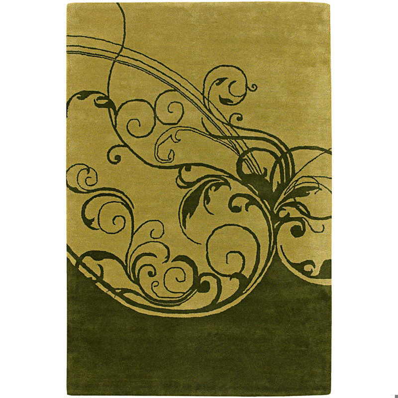 Tapis botanique en laine touffeté à la main jaune, brun clair, vert et or Mikilah, Rectangle 7 pi 9 po x 10 pi 6 po