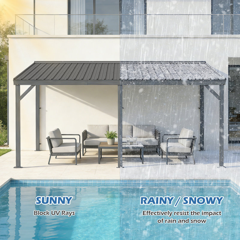 Patio Gazebo Lean to Wall Mounted Pergola with Sloping Galvanized Steel Roof, Gray, 96.13" H x 189.7" W x 117.76" D