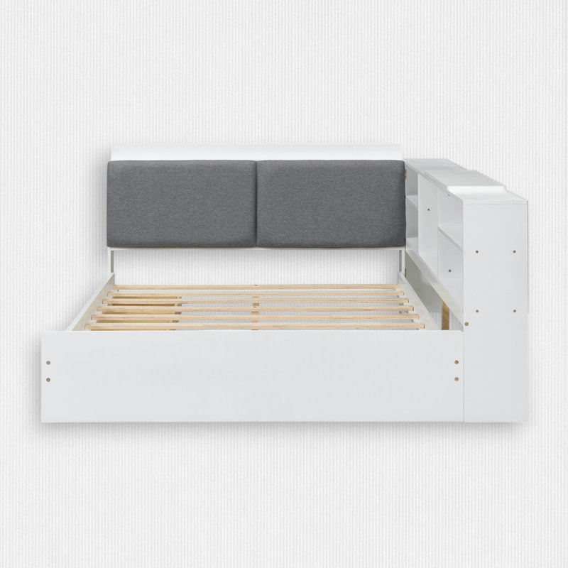 Lit plateforme double avec tête de lit à rangement, Blanc / gris