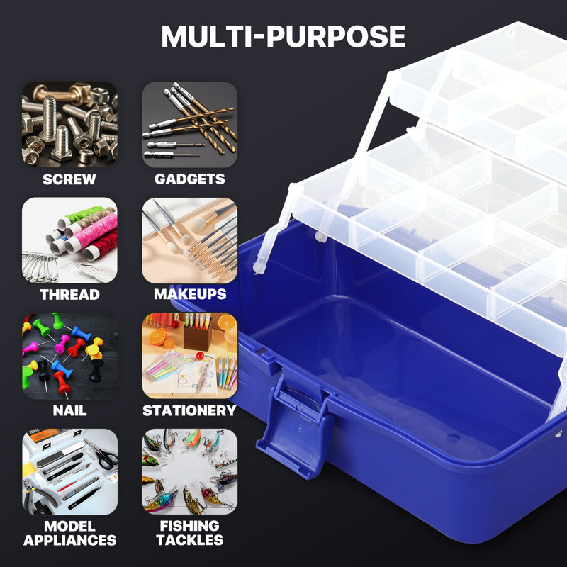 3-Layer Plastic Storage Box Craft Organizer Toolbox Utility Box For First Aid, Sewing Kit, Hardware, Blue