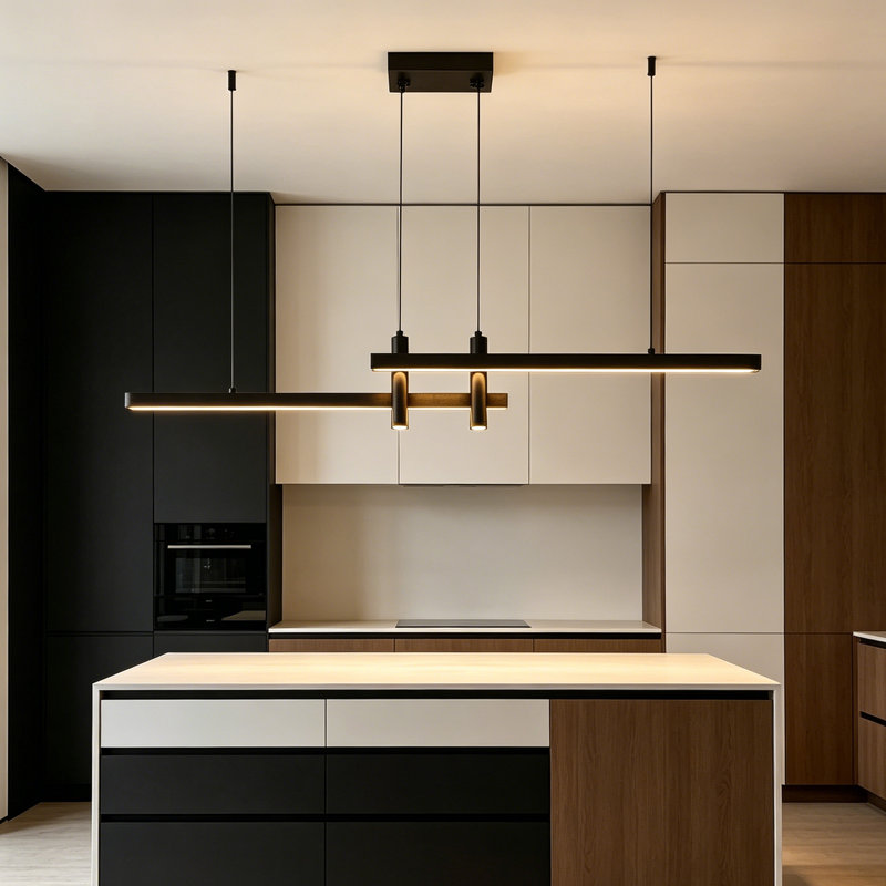 Lustre moderne à DEL linéaire noir, plafonnier minimaliste à intensité variable avec télécommande pour îlot de cuisine, salle à manger et table de billard
