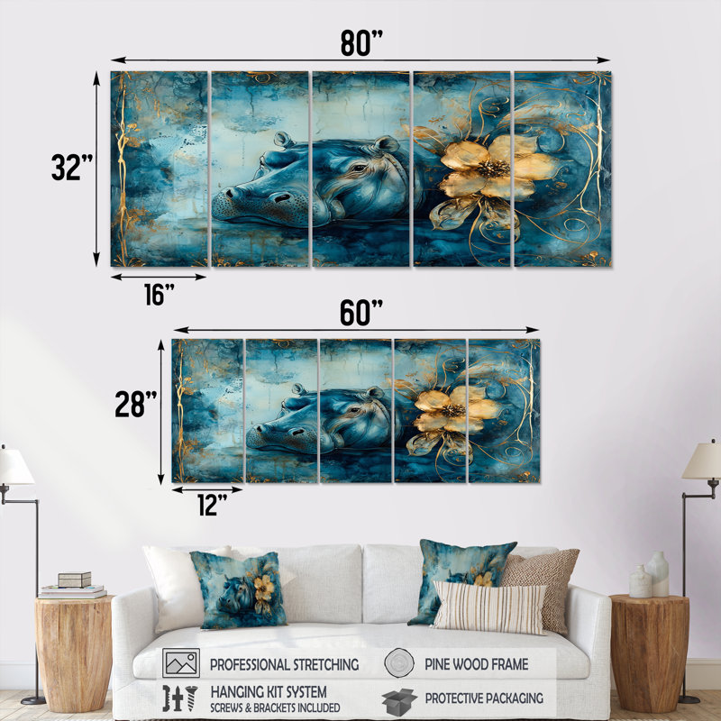 «Blue Art Nouveau Hippo Accents With Yellow II - Hippopotamus», ensemble d'art sur toile, H 28 po x l 60 po