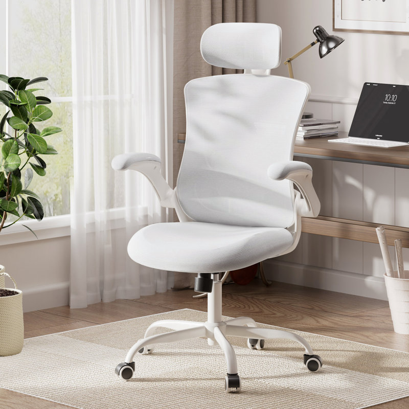 Chaise de bureau ergonomique en filet avec accoudoirs relevables Inbox Zero, Blanc