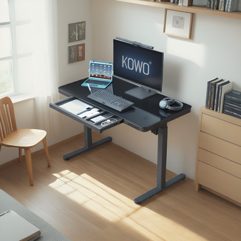 48" Black Glass Electric Height Adjustable Standing Desk with Drawer