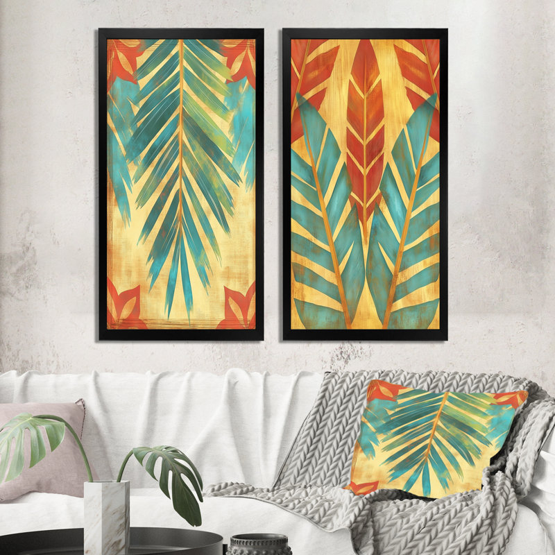 Feuille de palmier à la lumière émeraude I - Eucalyptus, tableau encadré en deux parties, 32" H x 32" W, Black Picture Framed