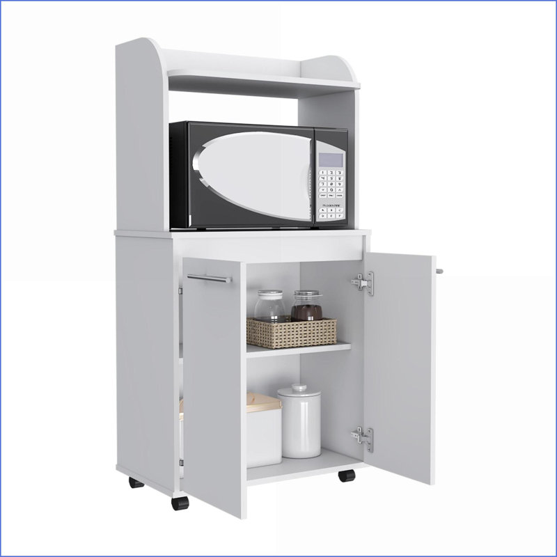 Chariot de cuisine avec tablette à micro-ondes, armoire à deux portes | Industriel | Bois d'ingénierie blanc neige