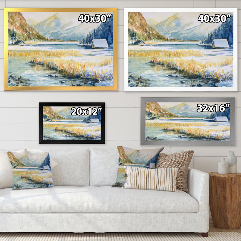 Paysage avec montagne bleue et rivière - Peinture sur toile, H 34 po x l 44 po x P 1,5 po, Cadre de coin argenté fermé