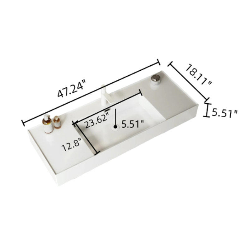 Meuble-lavabo vasque de salle de bain 48 po. Bassin flottant en acrylique. Rectangulaire. Espace de rangement. Installation avec lavabo en blanc. Forme rectangulaire. Caractéristique. Rangement pratique.