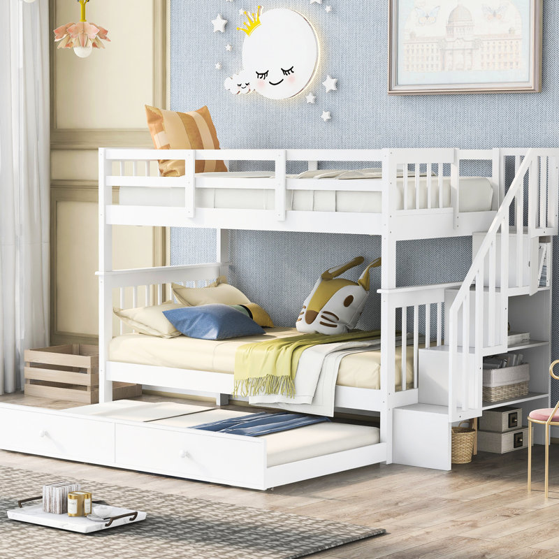 Lit superposé Twintwin avec lit gigogne et escalier blanc pour plus de commodité, Blanc