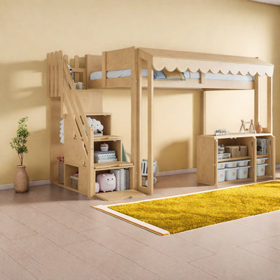 Lits gain d'espace avec rangement, mezzanine simple en bois massif, style maisonnette moderne naturelle