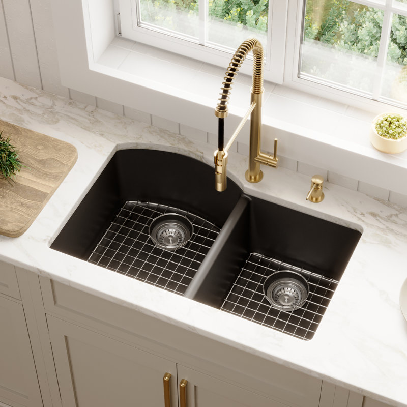 Karran Quartz 32'' X 21'' Double Bowl 60/40 Undermount Kitchen Sink Kit, Black