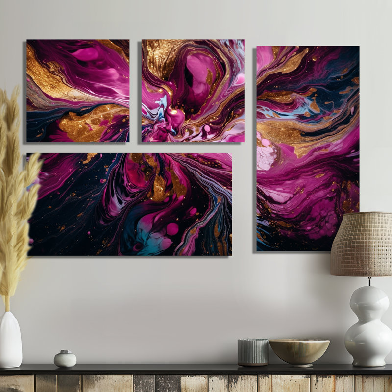 L'essence de la fluidité II - art mural moderne rouge 4 pièces, Impression encadrée sans passe-partout, Noir