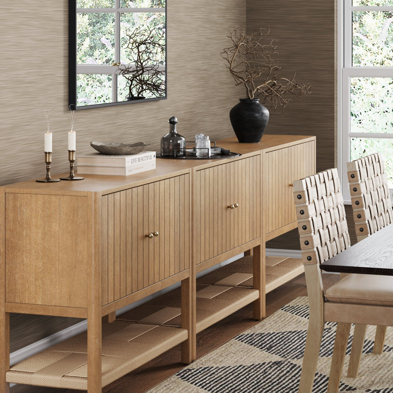 Wood Accent Cabinet Or TV Stand With Open Seagrass Storage, Brown