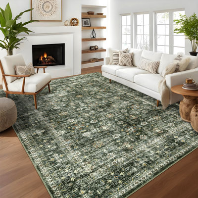 Grand tapis vintage de salon 3 x 3,9 m, lavable, à motif floral, antidérapant, aspect vieilli, pliable, à poils courts, idéal pour la chambre ou la salle à manger, vert.