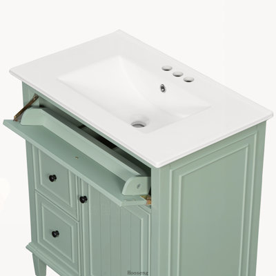 Meuble-lavabo autoportant de 30 po avec comptoir d'évier, armoire en bois massif et panneau de fibres à densité moyenne avec 1 tiroir rabattable et 2 tiroirs, tablette réglable, vert
