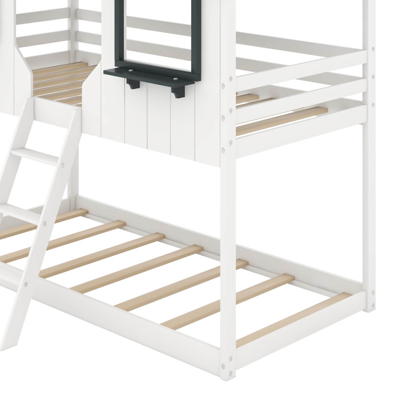 Twin Over Twin Bunk Bed Wood Bed With Roof, White