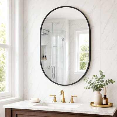 Miroir mural ovale pour salle de bain, en verre trempé avec cadre en aluminium, fixation verticale ou horizontale.