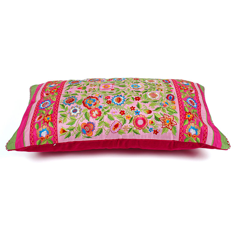 Pink Embroidered Cotton Polyester Lumbar Pillow Cover