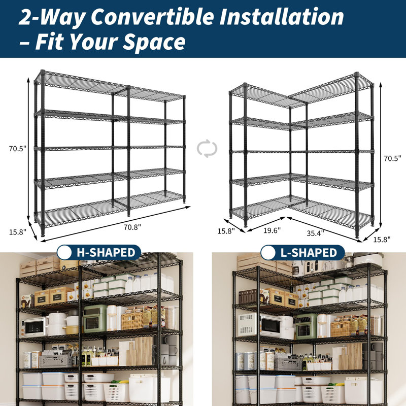 71" W 5-Tier Heavy-Duty Metal Storage Shelving Unit, Adjustable Wire Pantry Shelves for Kitchen, Garage