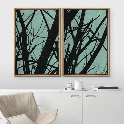 Silhouette d'arbre botanique minimaliste sur fond bleu sarcelle, plantes minimalistes, paysage rustique