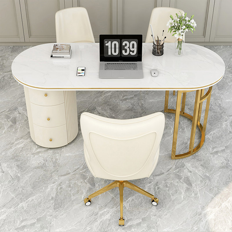 Bureau de direction avec tiroirs White and Gold, H 29,53 po x l 55,12 po x P 27,56 po, Doré