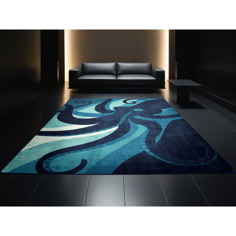 Tapis moelleux moelleux et moderne bleu poudré Aidyn Octopus, 8 x 12