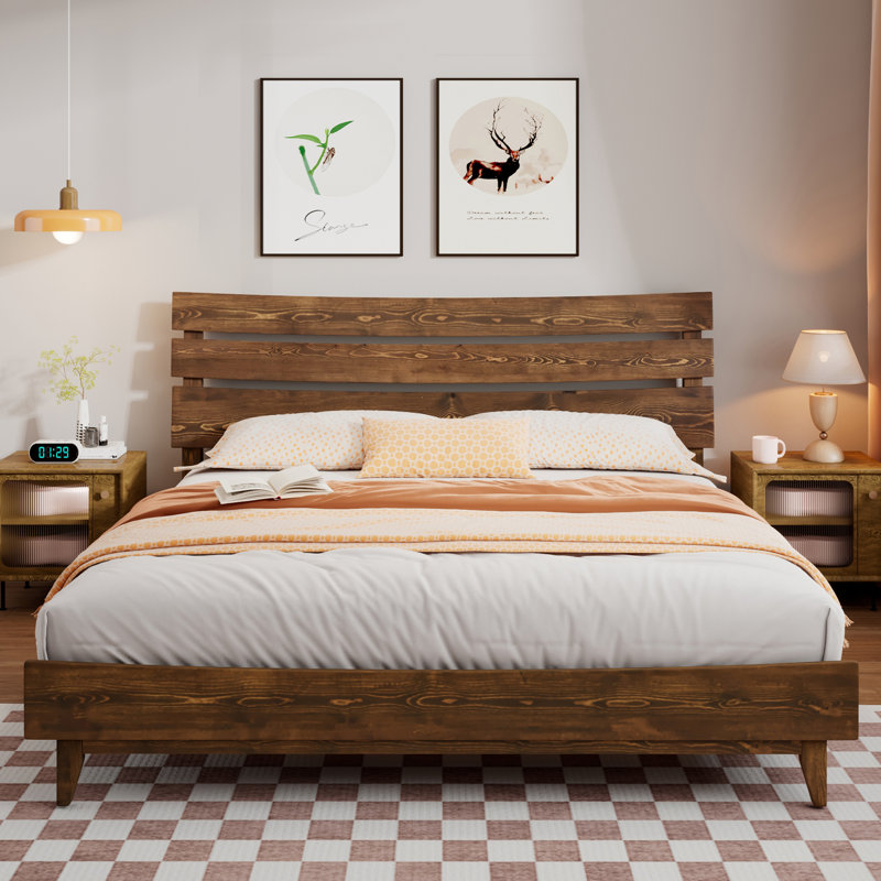 Structure de lit 45 po Mid-Century en bois massif avec tête de lit, Chocolat, Grand lit