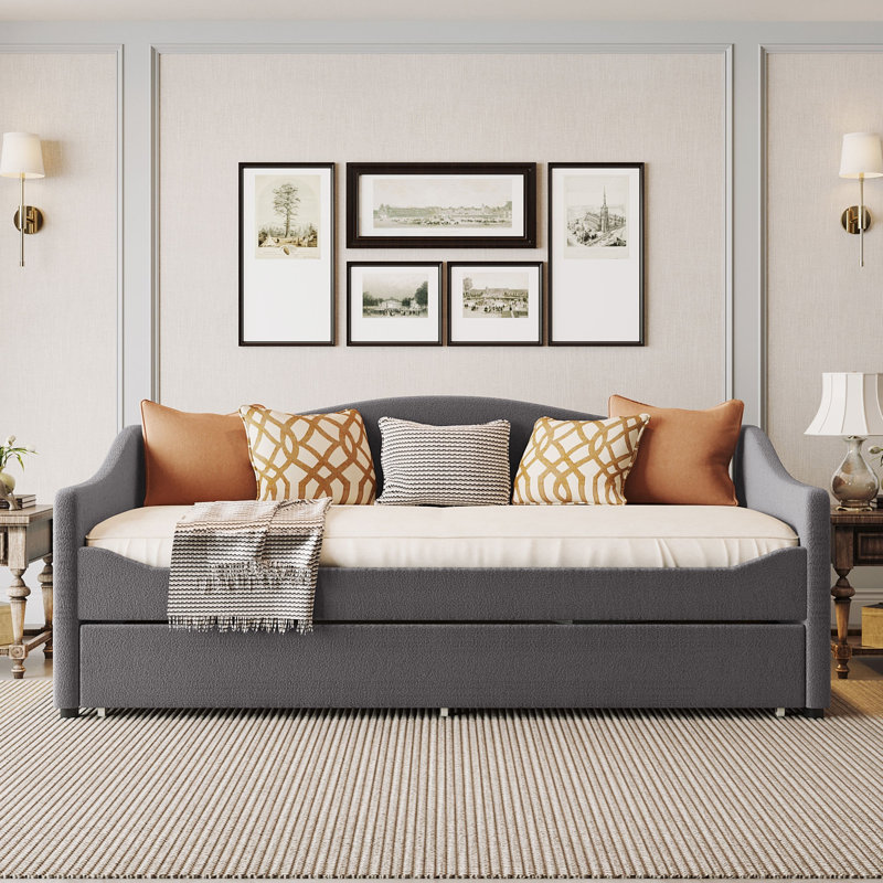 Twin Size Upholstered Daybed With Light And Trundle, Gray, Twin