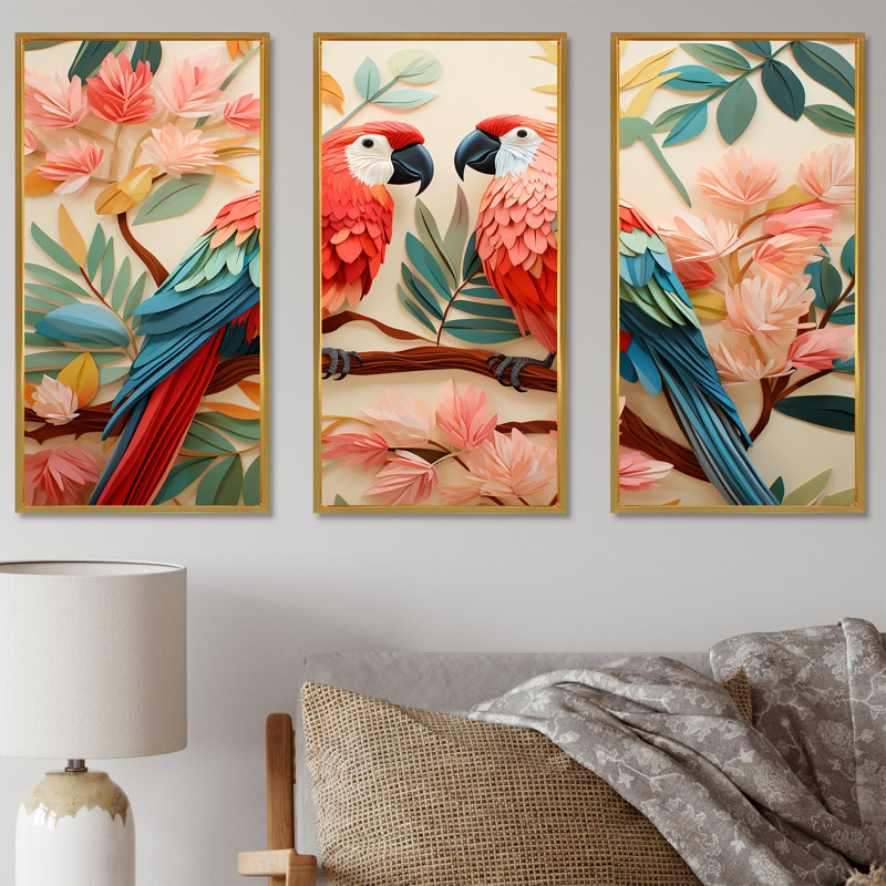 Fleurs tropicales roses et bleues - art mural perroquet II, Cadre flottant doré, H 40 po x l 61 po