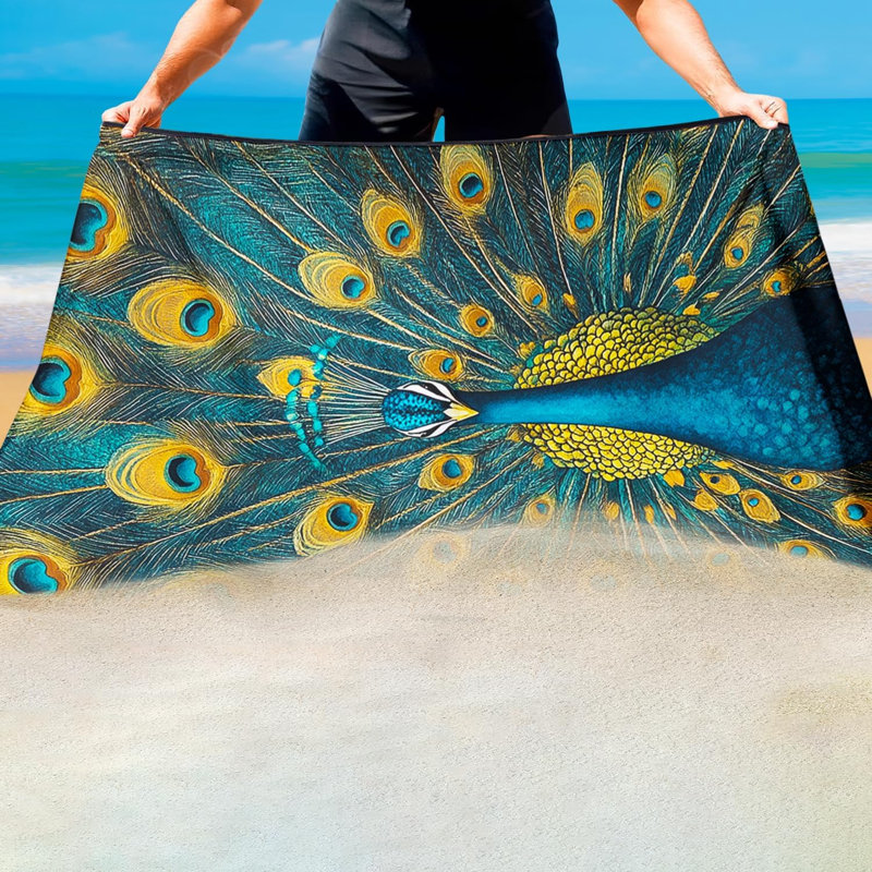 Peacock Beach Towel Oversized 35" x 70", Vibrant Peacock Feather Animal Print, Thin Lightweight Sand Free Quick Dry Microfiber Towels for Beach Yoga Camping Travel