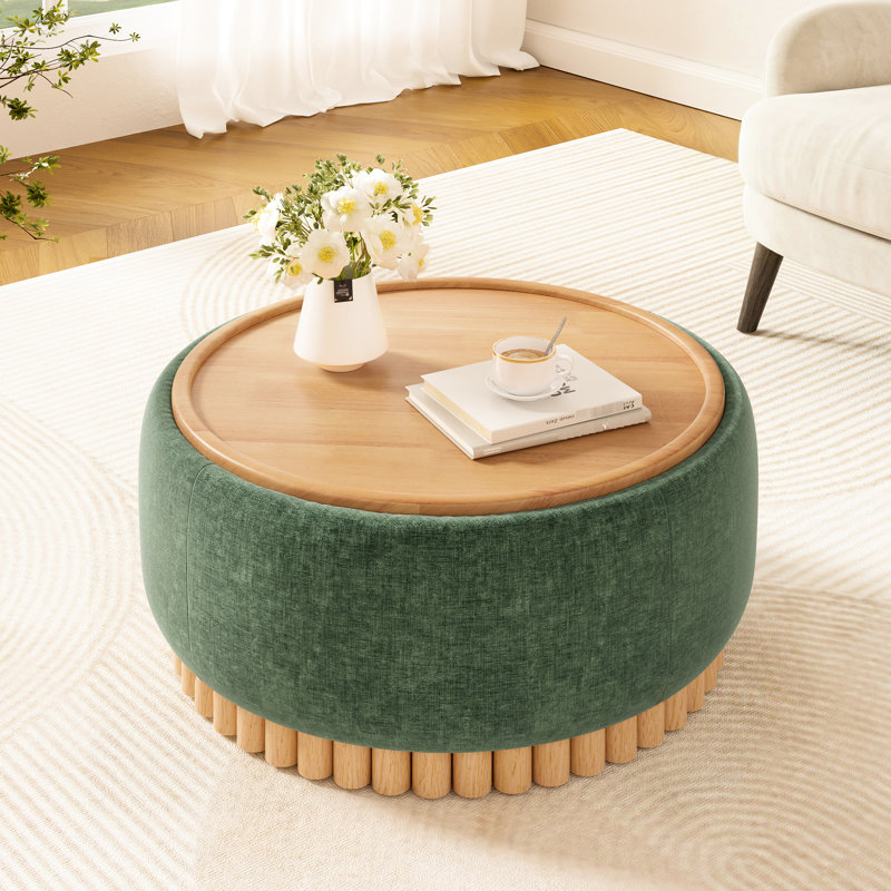 Chenille ronde de 29 po avec cadre en bois, pieds solides, couvercle réversible pour livres et rangement, décoration d'espace de vie
