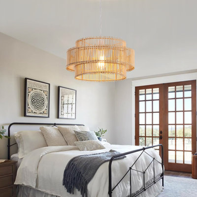 16" Boho Style Double-Layer Natural Bamboo Pendant Light with White Canopy, cULus Certified for Dining Rooms, Kitchen Islands, Living Rooms, Entryways or Café Ambient Lighting