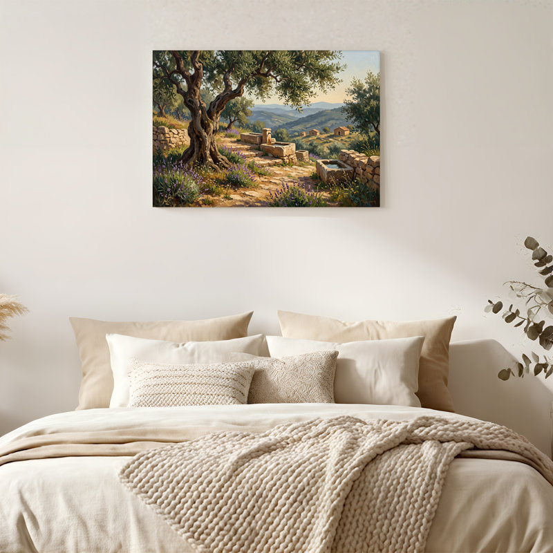 «Gnarled Olive Tree and Stone Troughs In Rolling Hills», art mural sur toile, H 32 po x l 48 po