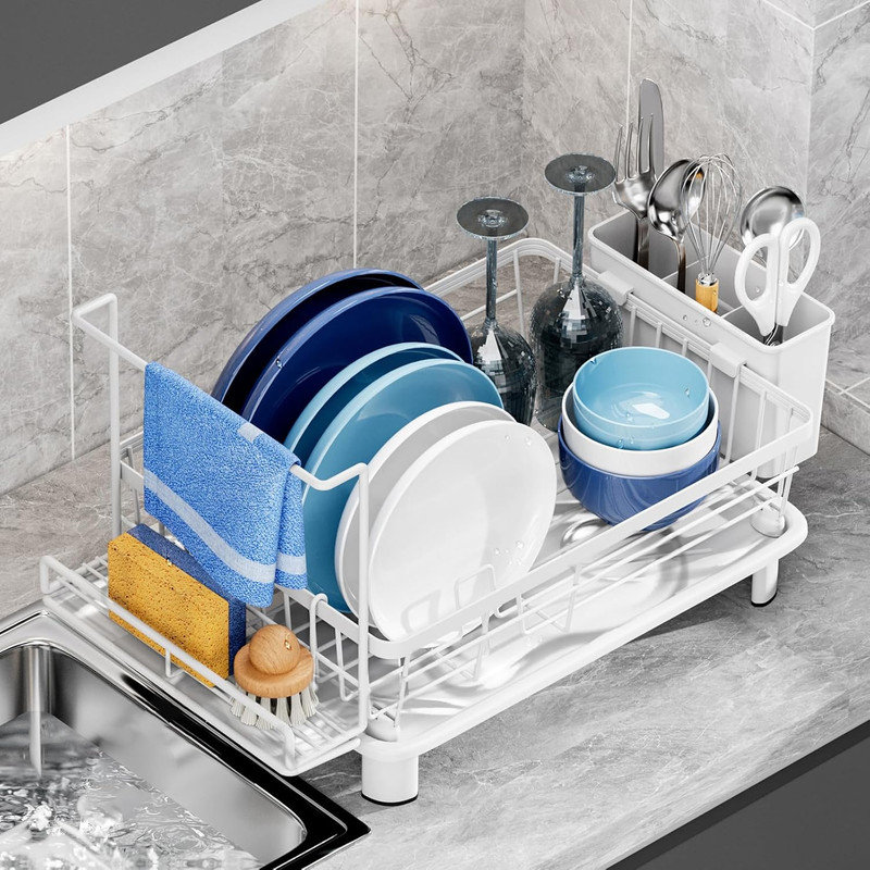 2-Tier Space-Saving Dish Drying Rack with Drainboard - Kitchen Counter Organizer with Utensil Holder, Cups Rack & Adjustable Swivel Spout