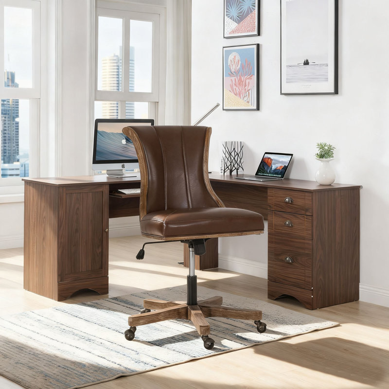 Mid-century rstyle height-adjustable office chair with 360-degree swivel, waterproof faux leather and sturdy wooden frame for offices, home studies, and computer rooms.