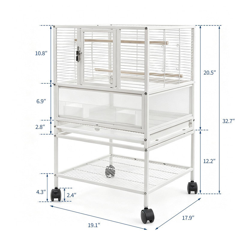 Grande cage à oiseaux roulante 3-en-1 avec support - Volière en métal blanc pour les perruches, les perruches et les petits perroquets