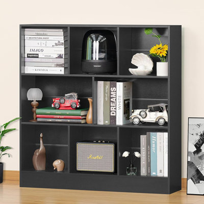 Black Wide Bookshelf,3 Tier Modern Horizontal Bookcase,W...