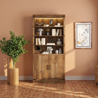 4-Tier Adjustable Bookcase with Doors & Metal Accents – Walnut Finish