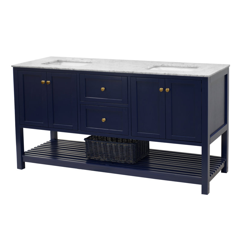 Binne 72'' Double Bathroom Vanity with Top, Royal Blue, Carrara Marble