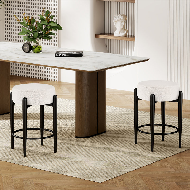 Mid-Century Modern Chair 23.6" Backless Kitchen Stools With Boucle Upholstery & Sturdy Metal Base, 2, White