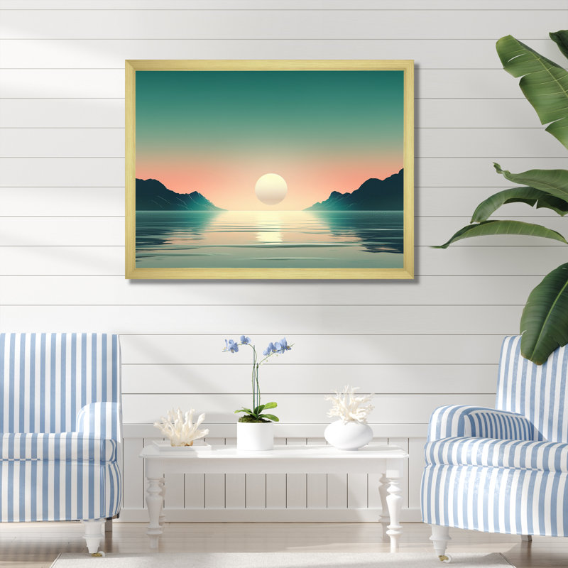 Pleine lune levant le minimalisme de l'océan en bleu rétro I - Décoration murale plage, H 16 po x l 32 po, Cadre photo blanc