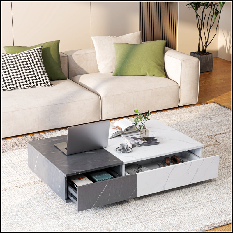 Table basse moderne noire et blanche avec double rangement, idéale pour les espaces de vie élégants et fonctionnels.