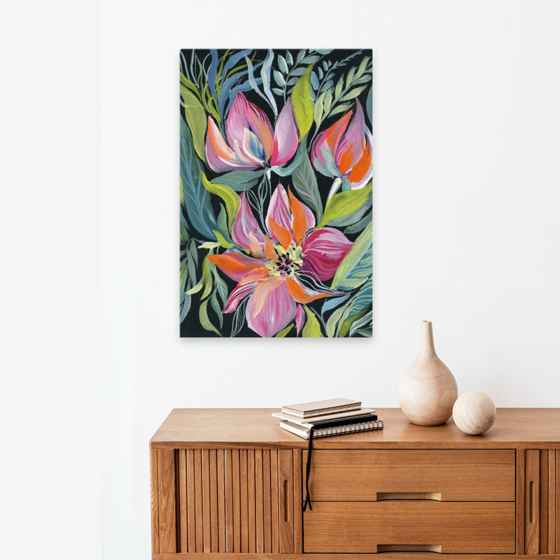 Midnight Delight contemporain noir floral vert orange, H 24 po x l 16 po