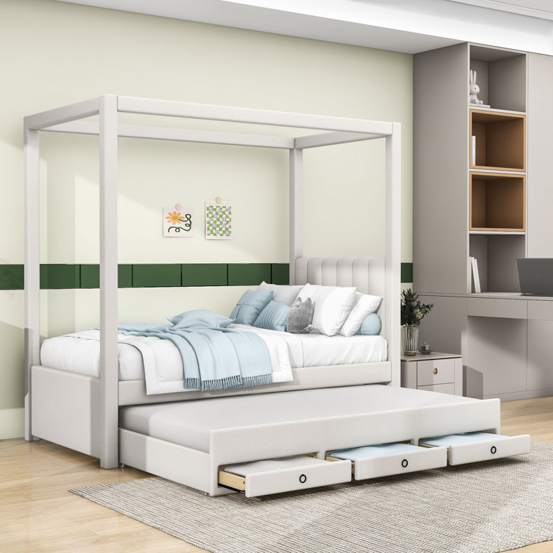 Lit plateforme à baldaquin avec lit gigogne simple et 3 tiroirs de rangement Raqib, Lit simple, Beige