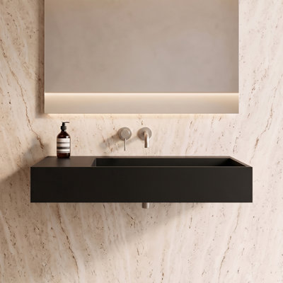 Juniper 36" Right Basin Rectangular Wall Mounted Bathroom Sink with Concealed Drain - Black, No Faucet Hole