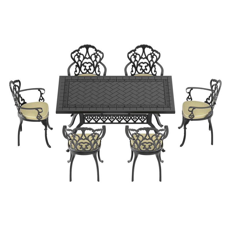7-Piece Cast Aluminum Patio Furniture Set With Black Frame And Off-White Seat Cushions, 6