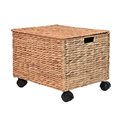 Ashton 18.11" Classic Farmhouse Handwoven Hyacinth Rolling Filing Basket with Lid and 360 Degree Lockable Wheels by happimess