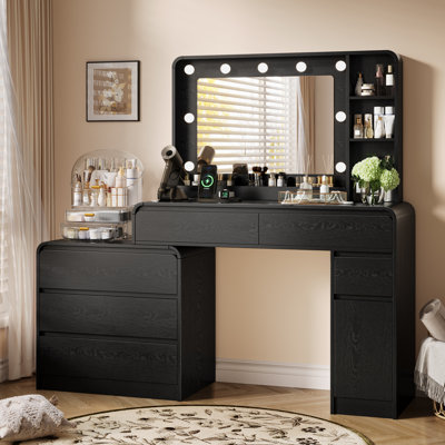 60" Modern Makeup Vanity Desk with Dimmable LED Mirror, Built-in Charging Station, 6 Handle-Free Drawers, Black